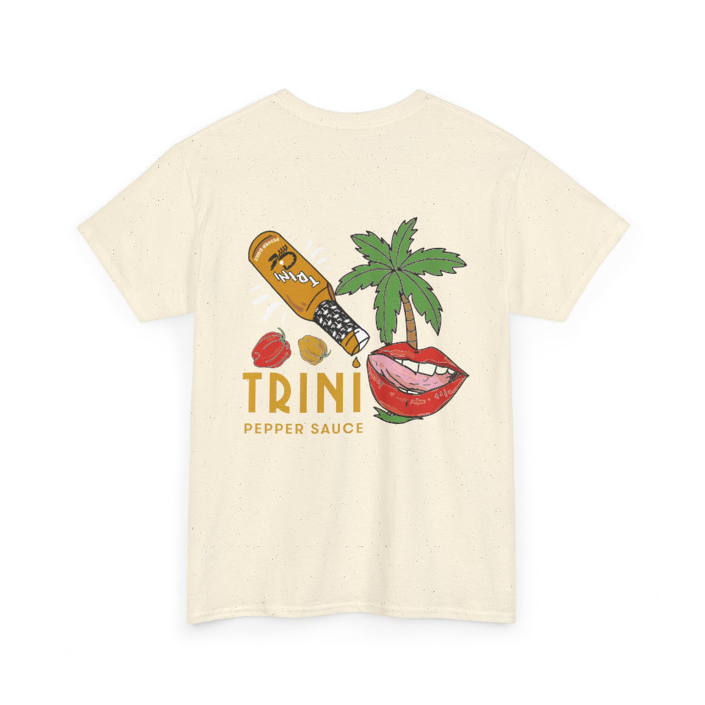 Cream t-shirt with colorful graphic design featuring a bottle, palm tree, and lips on a white background