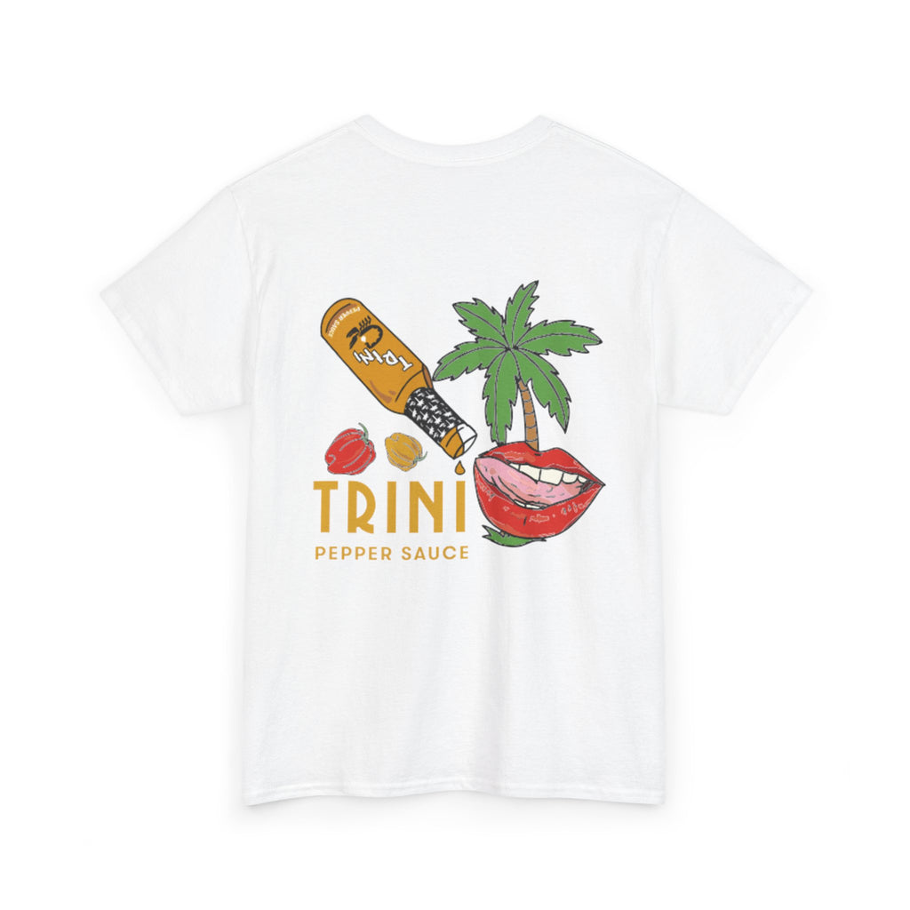 White t-shirt with colorful graphic design featuring a bottle, palm tree, and lips on a white background